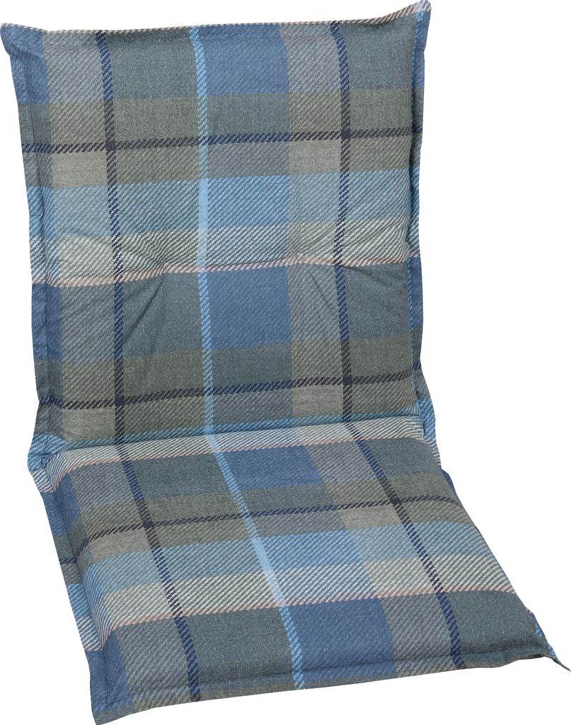 A chair cushion with a plaid pattern.