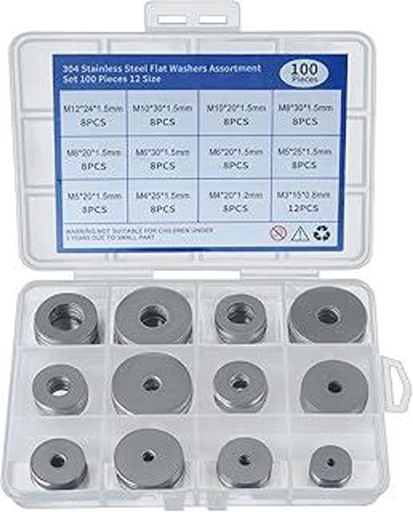 SZWLJ 100 Stück Unterlegscheiben Set aus 304 Edelstahl, 12 Größen Unterlegscheiben Edelstahl (M3/M4/M5/M6/M8/M10/M12) - Beilagscheiben Set für ...