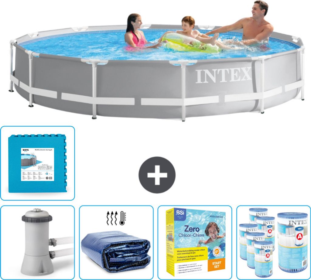 Intex Round Prism Frame Swimming Pool – 366 x 76 cm – Grau – inklusive Pumpe Sonnensegel - Wartungspaket - Filter - Bodenfliesen