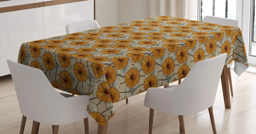 ABAKUHAUS Tovaglia floreale, motivo retrò con girasoli, impermeabile, lavabile, colori vivaci che non sbiadiscono, personalizzata, 140 x 240 cm, grigio ambra giallo