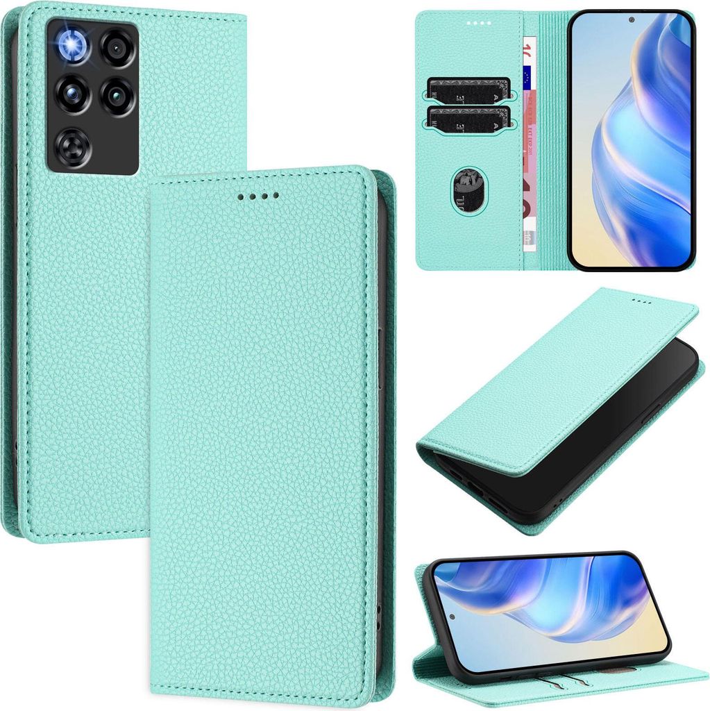 Litchi Leder Handyhülle für ZTE nubia RedMagic 11 Pro Wallet Kartenfächer Standfunktion Hülle Türkis