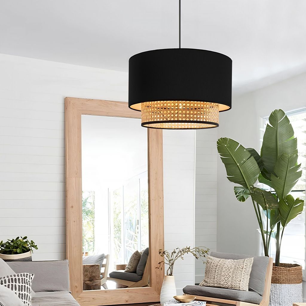 Opviq, Moderne schwarze Pendelleuchte, 50% Stoff / 50% Rattan, E27 Max. 15 W LED, Durchmesser 30 cm, Höhe 80 cm, skandinavisches Design, elegant u...
