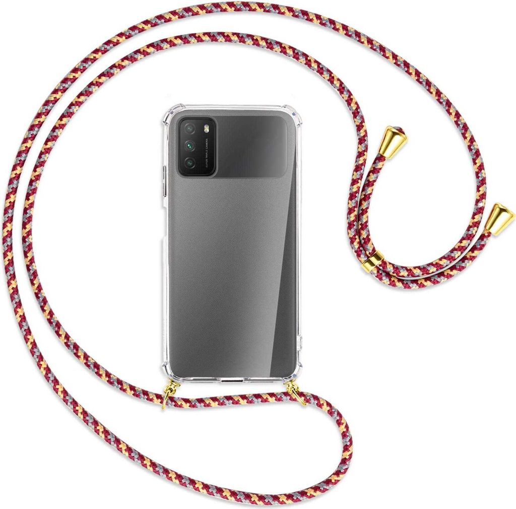 Handykette Backcover-Schutzhülle mit Band (Metall goldfarben) für Xiaomi Poco M3 - weinrot/gelb/grau