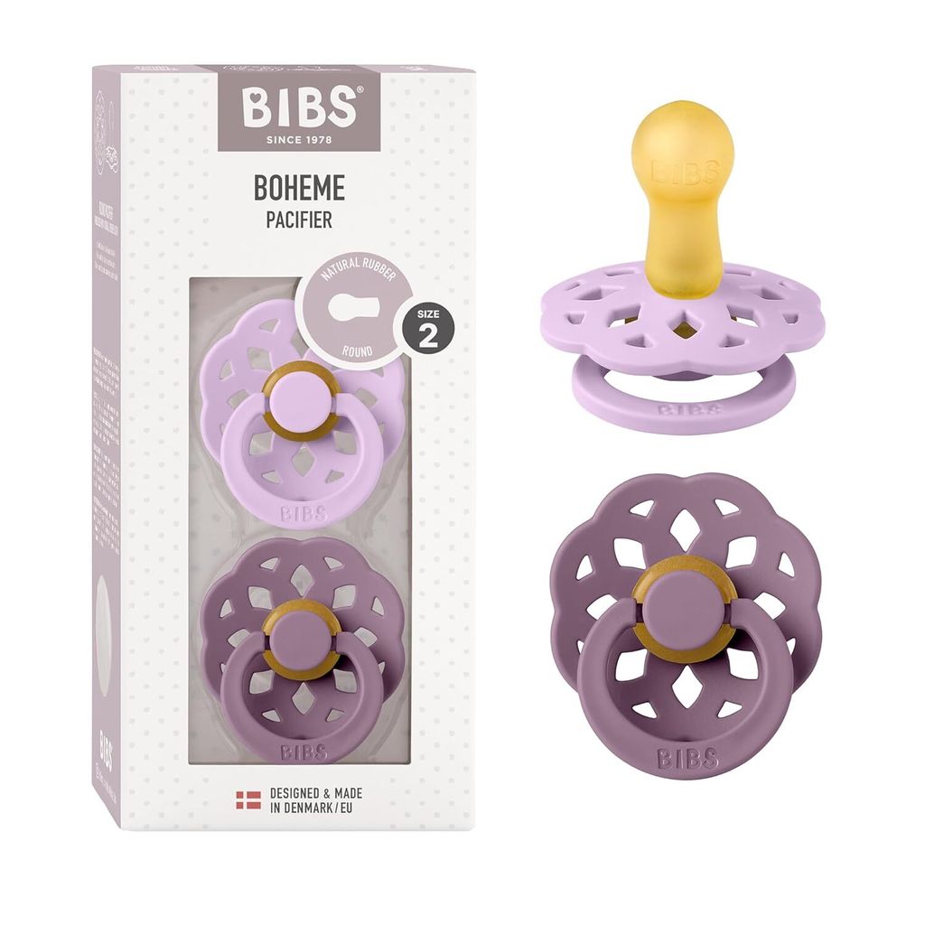 BIBS Boheme Schnuller 2er-Pack. BPA-frei, Kirschform Nippel. Naturkautschuk / Latex, Hergestellt in Dänemark, Größe 2 (6-18 Monate), Violet Sky ...