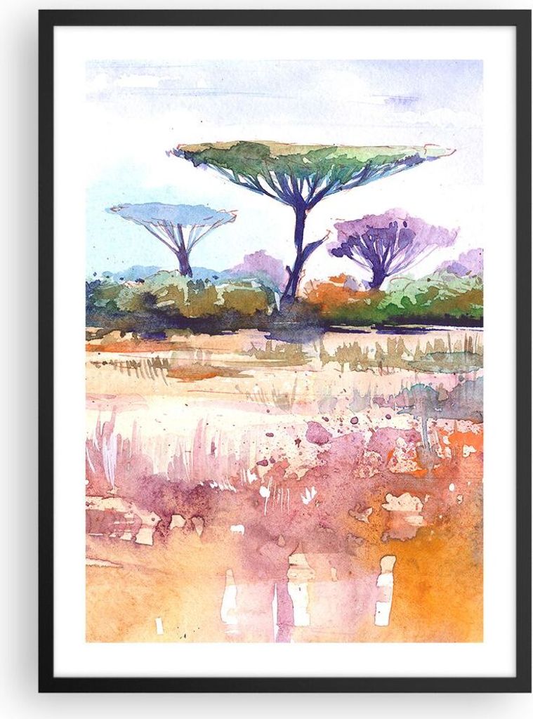 Gerahmtes Poster - Schwarzer Rahmen - Aquarell Savanne Bäume - 50x70 cm - Wand Bild - Wanddeko - Wandbilder - Kunstposter - Wandposter - Bilderrah...