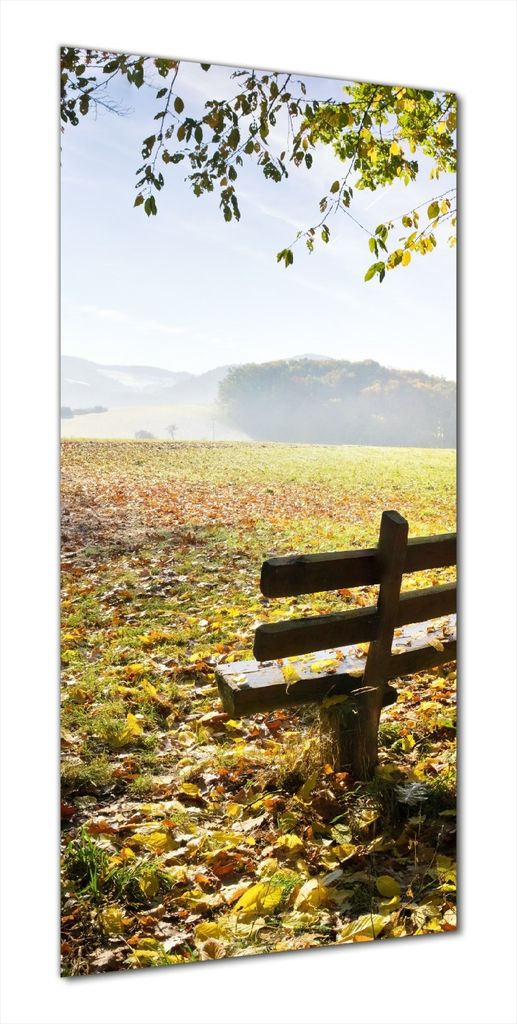 Wallario selbstklebende Duschrückwand 70 x 200 cm mit Motiv Idyllische Holzbank in den Bergen - Wandverkleidung mit Hochglanzlaminat in Glasoptik