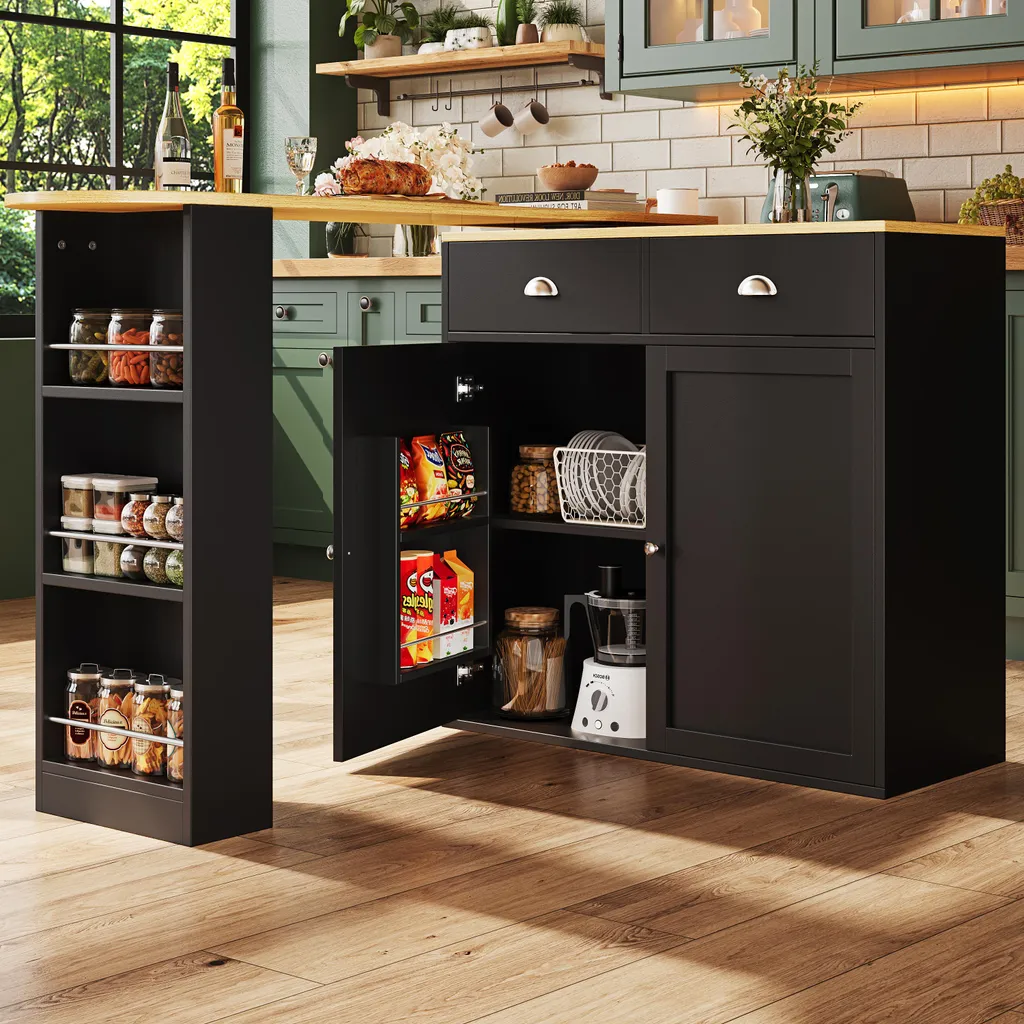 MODFU Table à Manger 360° et Buffet de Cuisine Noir avec Tiroirs en MDF