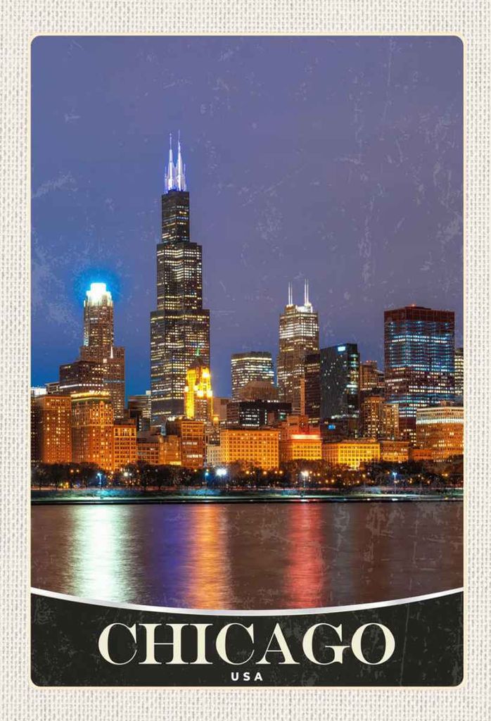 vianmo Holzschild 30x20 cm Chicago USA Amerika Abend am Meer Bildmotiv Reisemotiv Abenteuer Reisen