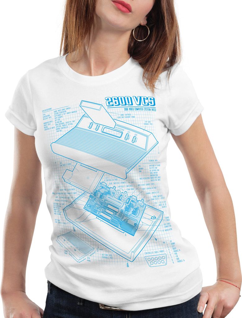 style3 VCS 2600 Heimcomputer Blaupause Damen T-Shirt classic gamer, Farbe:Weiß, Größe:2XL