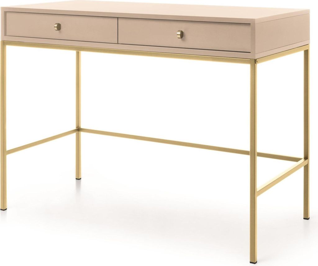 Beige Schminktisch Vintage Schreibtisch mit 2 Schubladen B 103 x H 77 x T 50 cm Kosmetiktisch mit goldenen Griffen, Farbe: Beige, Beinfarbe: Gold