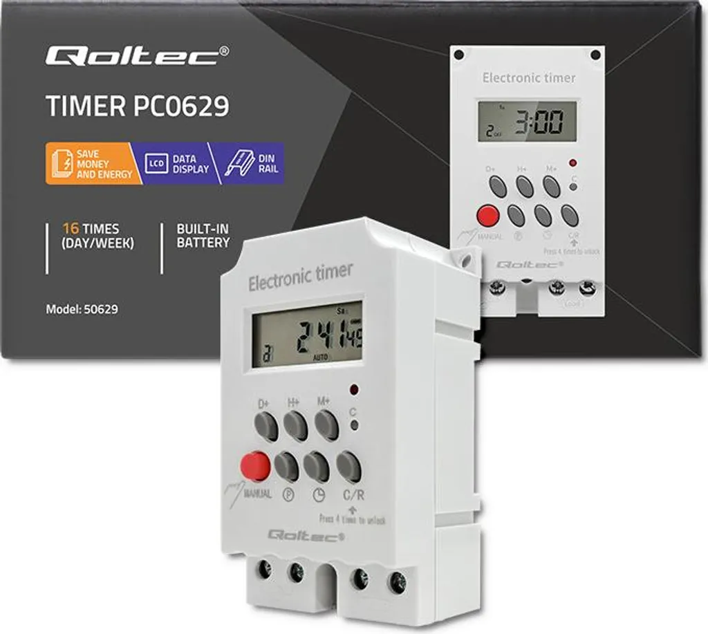 Timer Digitale Qoltec PC0629 30A LCD - Interruttore Orario DIN Rail