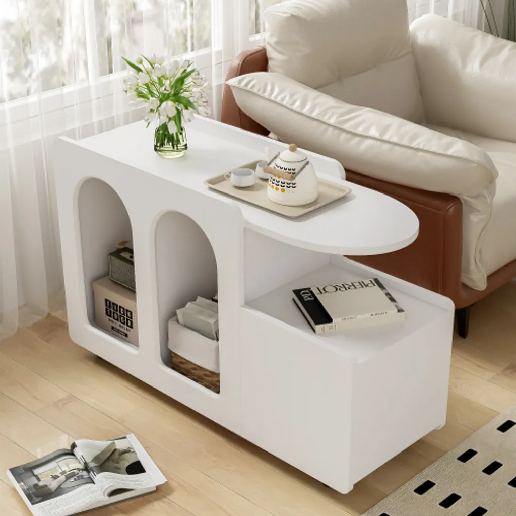 Cassettiera AIORBER, su rotelle, in truciolato, design curvo per proteggere dagli urti, per soggiorno, sala da pranzo e camera da letto, 82x30x53cm, bianco