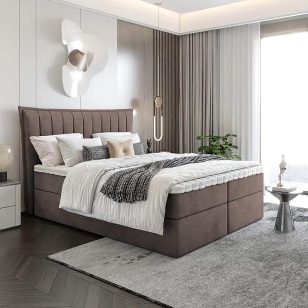 Bett Boxspringbett LUNA mit Topper T25 und Bettkästen - Doppelbett, Stauraum, Schlafzimmer, Polsterbett, Bettgestell (140x200, Braun - ITAKA 20)