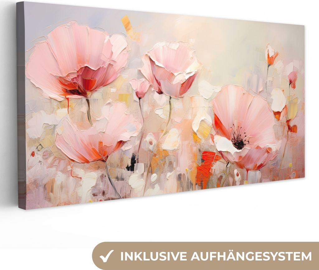 MuchoWow - Leinwandbilder - Blumen - Aquarell - Rosa - Abstrakt - Kunst, Wandbild, Wanddeko Bilder Wohnzimmer, 80x40 cm