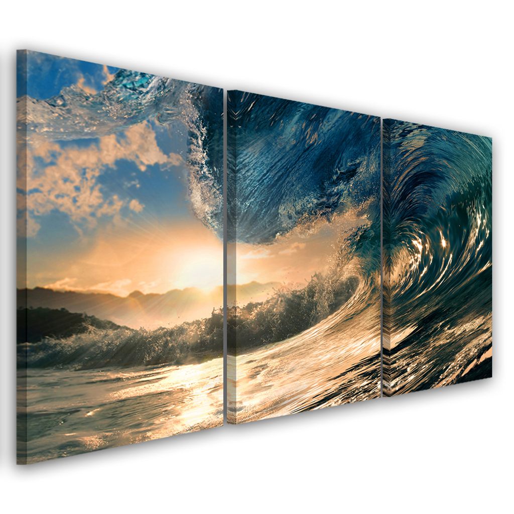 Triptychon auf leinwand blaue natur 120x80 cm Feeby blau wandbild bereit zum aufhängen