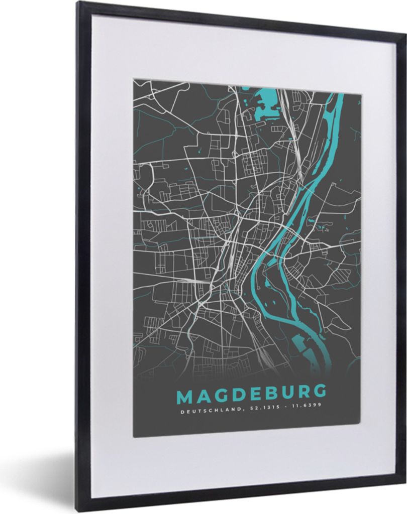 MuchoWow Gerahmtes Poster Blau - Deutschland - Karte - Stadtplan - Magdeburg 30x40 cm - Poster mit Schwarzem Bilderrahmen Wandposter Rahmen Foto ...