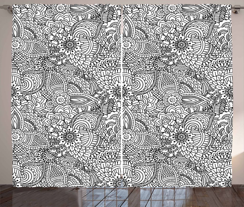 ABAKUHAUS Henna Rustikaler Vorhang, Monochorme Muster, Wohnzimmer Universalband Gardinen mit Schlaufen und Haken, 280 x 175 cm, Weiß und Schwarz