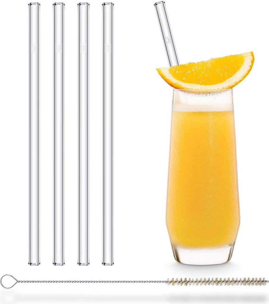 HALM Glasstrohhalme Wiederverwendbar Trinkhalm - 4 Stück gerade 20 cm + plastikfreie Reinigungsbürste - Spülmaschinenfest - Nachhaltig - Glastri...