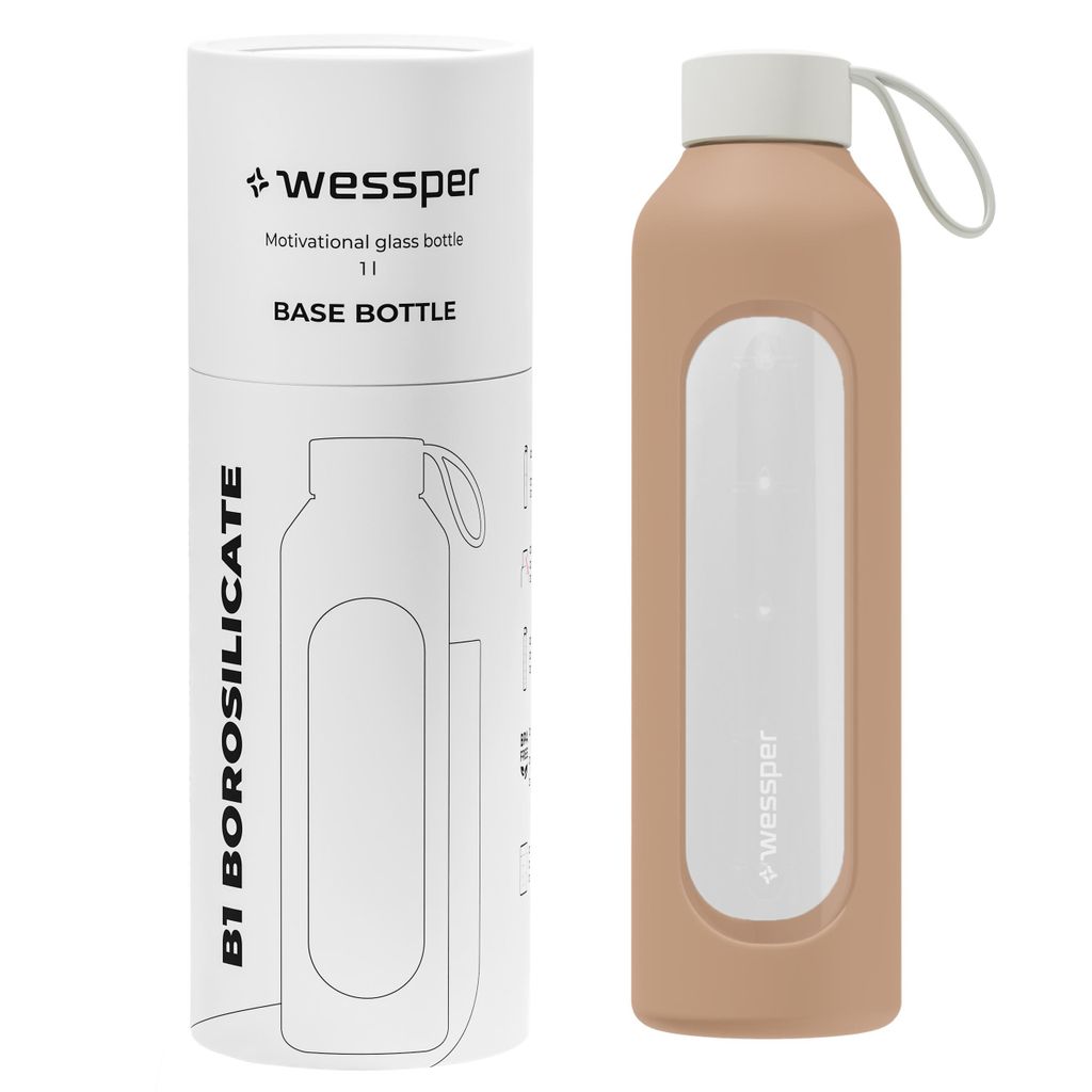 Wessper Trinkflasche aus Glas mit Silikonhülle – 1 L – mit Zeitmarkierungen – Beige
