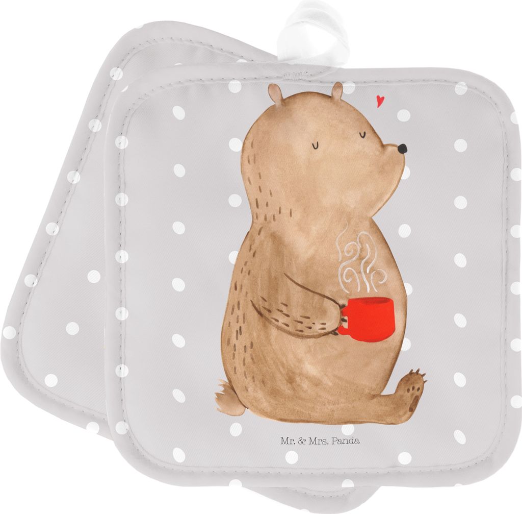 Mr. & Mrs. Panda Topflappen Bär Kaffee - Grau Pastell - Geschenk, Topfuntersetzer, Coffee, Set, topfhalter, Teddy, 2er, Bären, Kochlappen, Morgen...