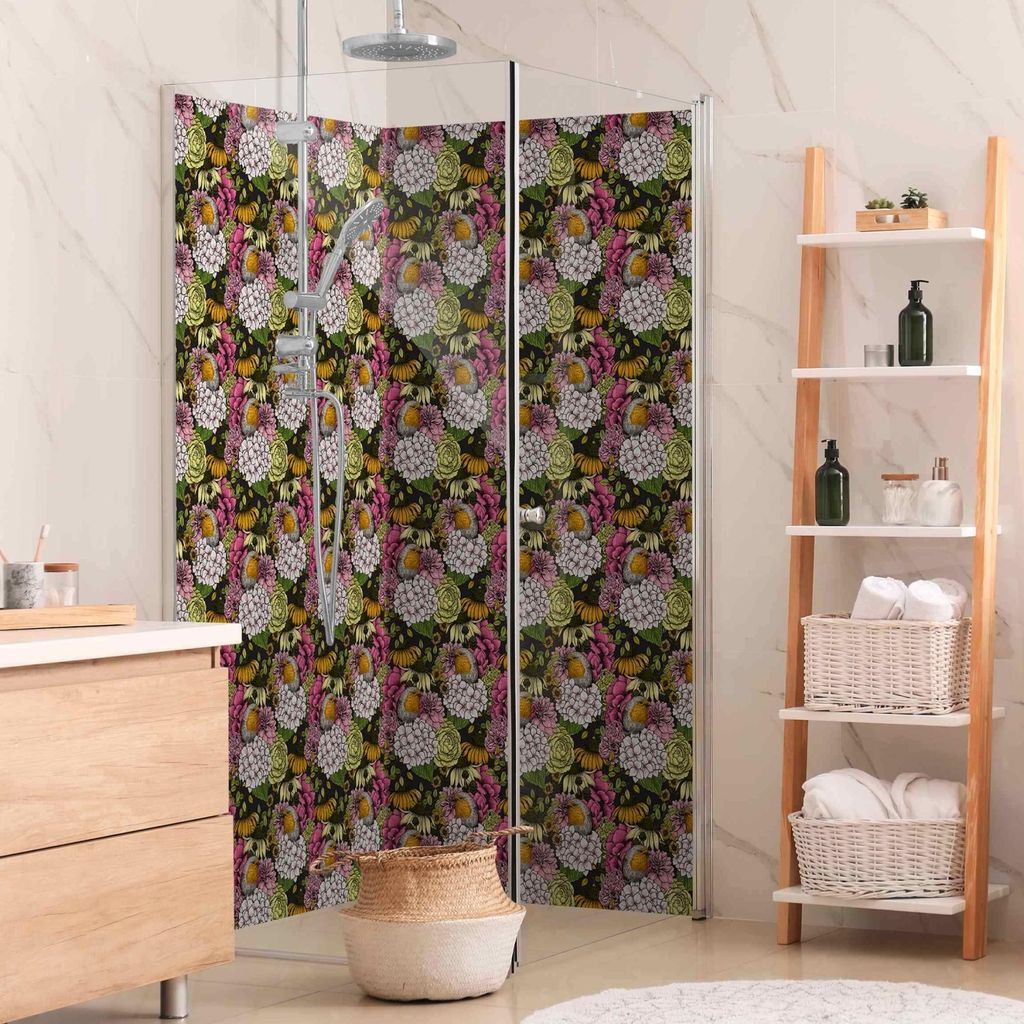 Duschrückwand Blumen selbstklebend - 0.61 mm Wandpaneel wasserfest Pflanzen bunt Illustration Badrückwand fugenlos Premium matt 110x210 cm