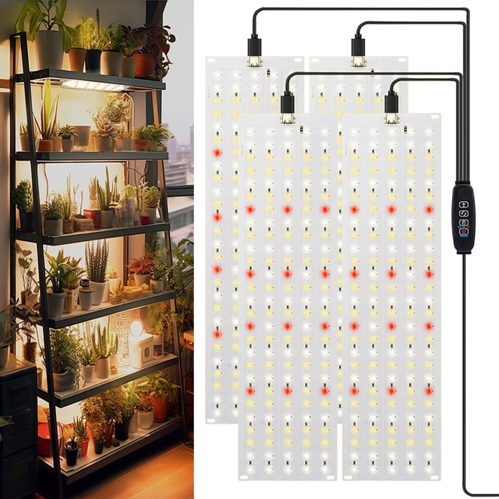 A plant grow light panel with multiple LEDs, shown next to a shelf filled with potted plants.