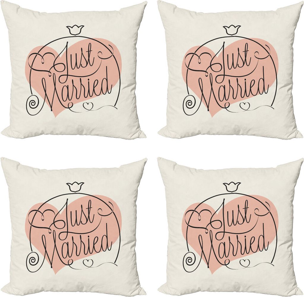 ABAKUHAUS Hochzeit Kissenbezug Set (4 Stück), Just Married Tulip Herz, Moderner Doppelseitiger Digitaldruck, 50 cm x 50 cm, Coral Black White