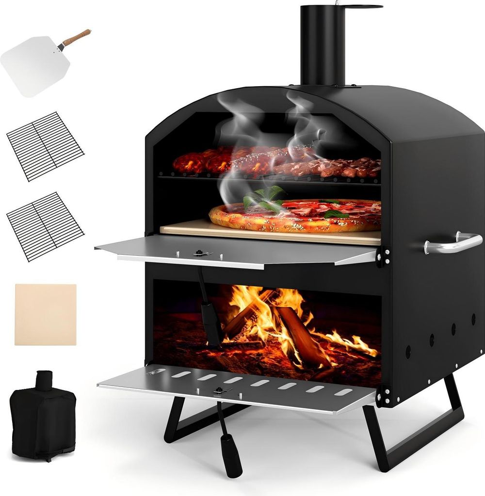 KOMFOTTEU Pizzaofen Outdoor mit 2 Schichten, tragbarer Holzgrill mit Schutzhülle, Pizzastein, Pizzaschaufel, Grill, Holzofen für BBQ, Camping, Pa...