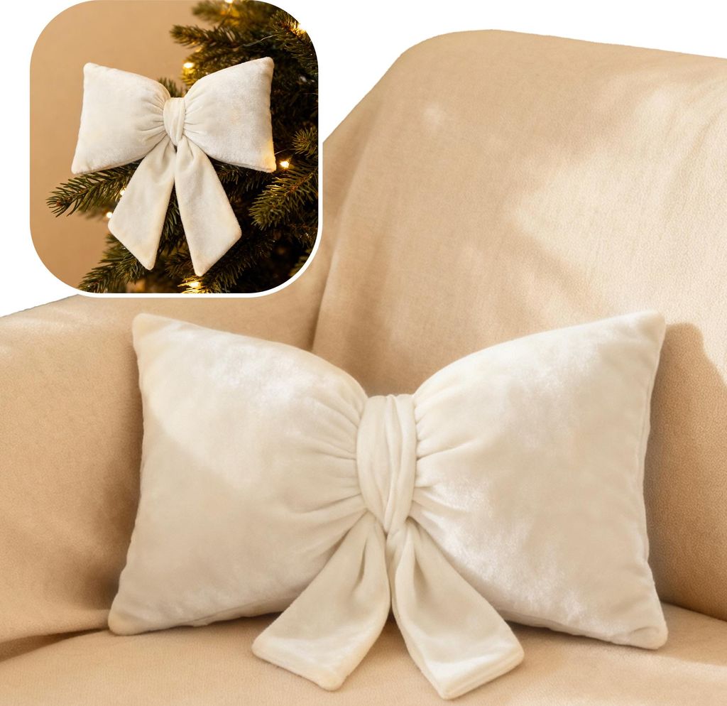 Weihnachtskissen Velvet Dekorative Schleife 35X20 Weihnachten Creme