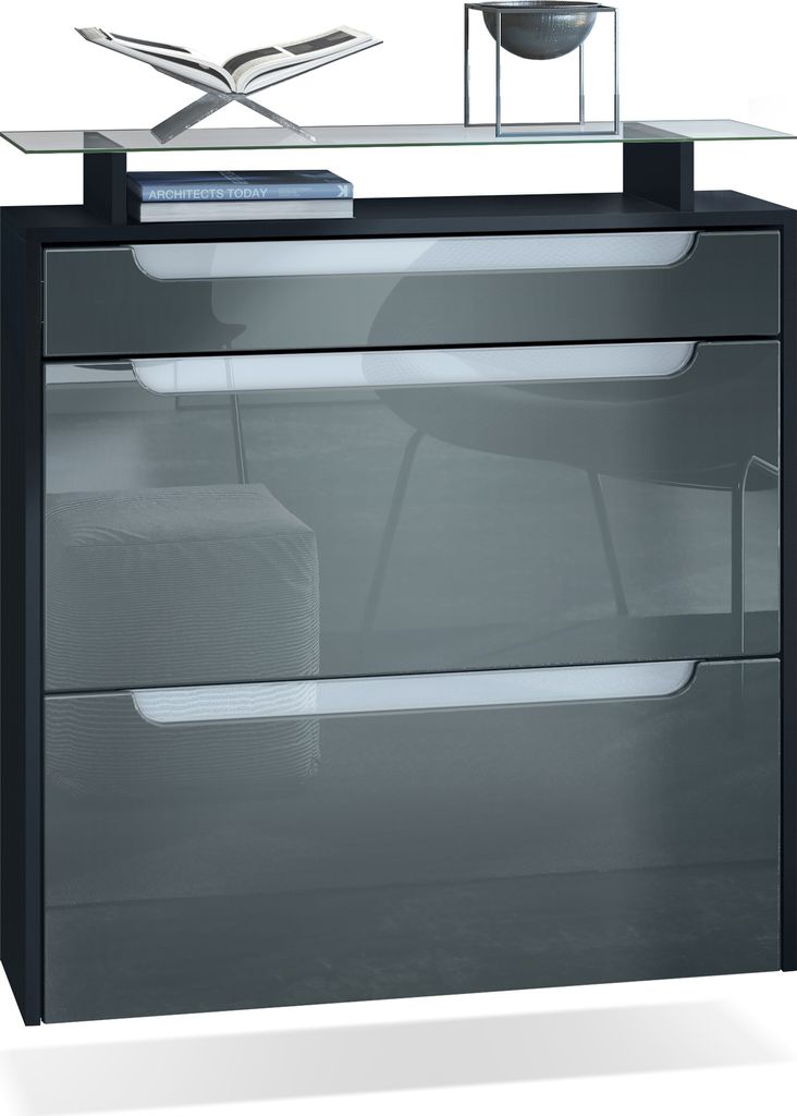 Vladon Schuhschrank Annie, Schuhkipper für 16 Paar Schuhe mit 2 Klappen, 1 Schublade und Glasablage, Schwarz matt/Grau Hochglanz, Griffmulden in W...