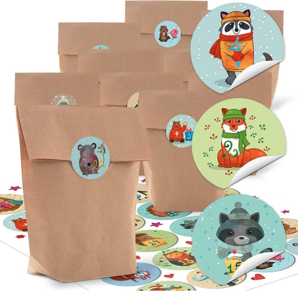 24 kleine natürliche braune Papier-Tüten natur Kraftpapier 14 x 22 x 5,6 cm + 1 bis 24 Zahlen weihnachtliche Aufkleber STERNE beige schwarz weiß...