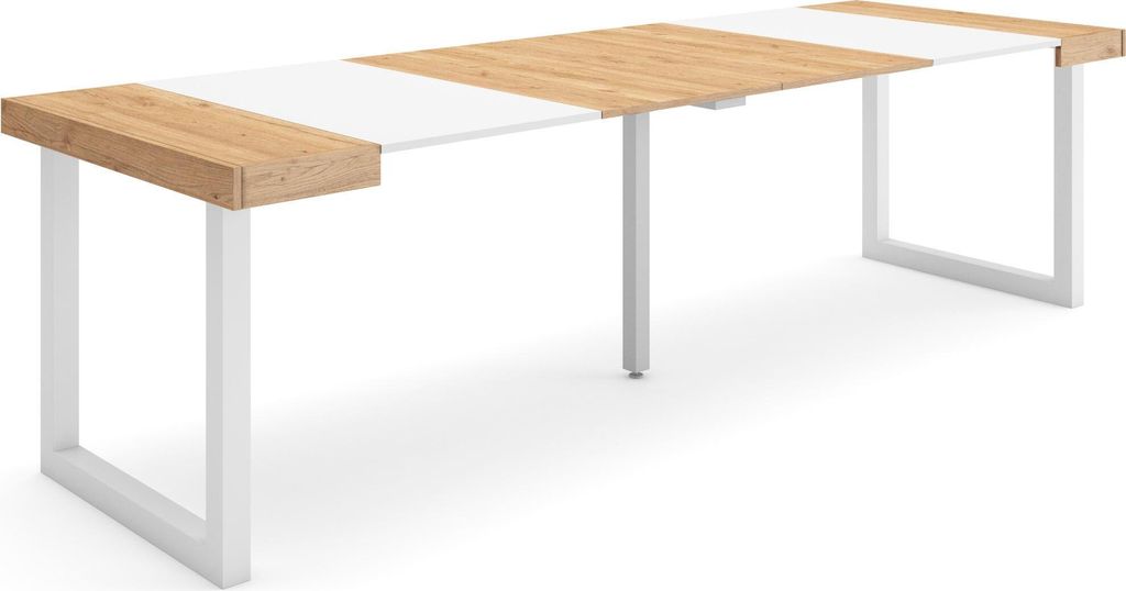 Ausziehbarertisch, 262x90x73cm, Für 12 Gäste, Massivholz Beine, Eiche und weiß