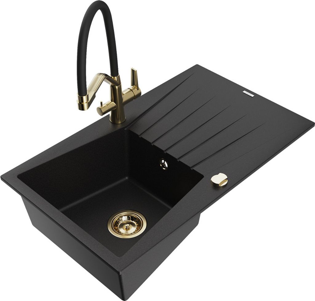 Mexen Cesar 1 Becken-Granitspüle mit Abtropffläche und Mischbatterie Duo, Schwarz - 6514-77-671701-57-G