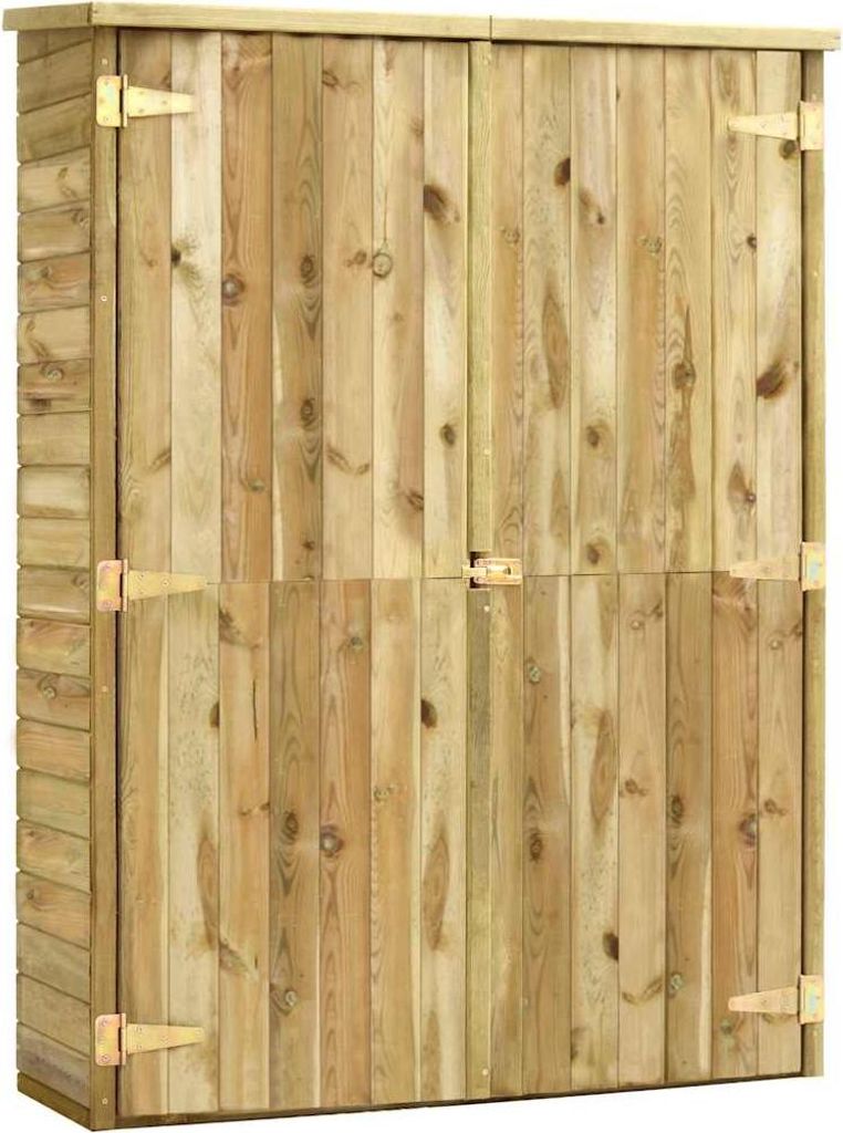 A wooden garden shed with double doors.