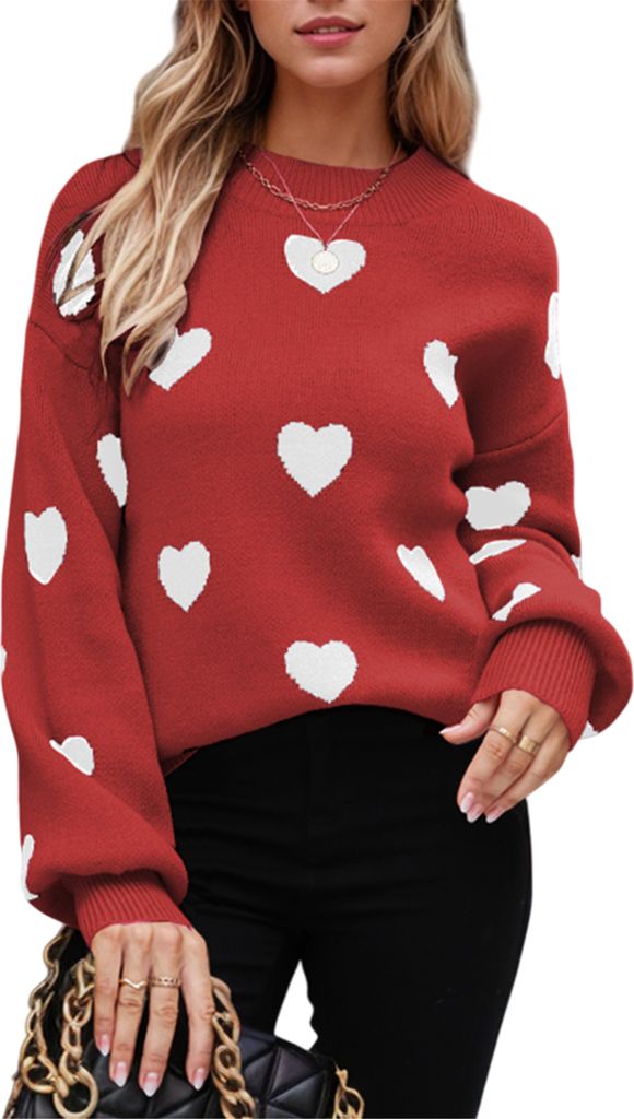 ASKSA Damen Pullover Rundhals Herz Grafik Strickpullover Langarm Winter Strickpulli Casual Herzdruck Strickpullover (Rot,M)