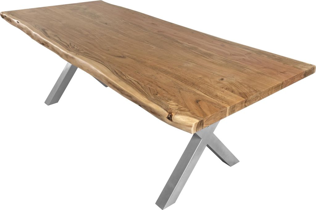 Esstisch 240 x 100 cm Cali, Baumkantentisch naturfarben, Akazienholz massiv, X-Gestell aus Metall Silber, aufgedoppelte Kanten 25+25 mm