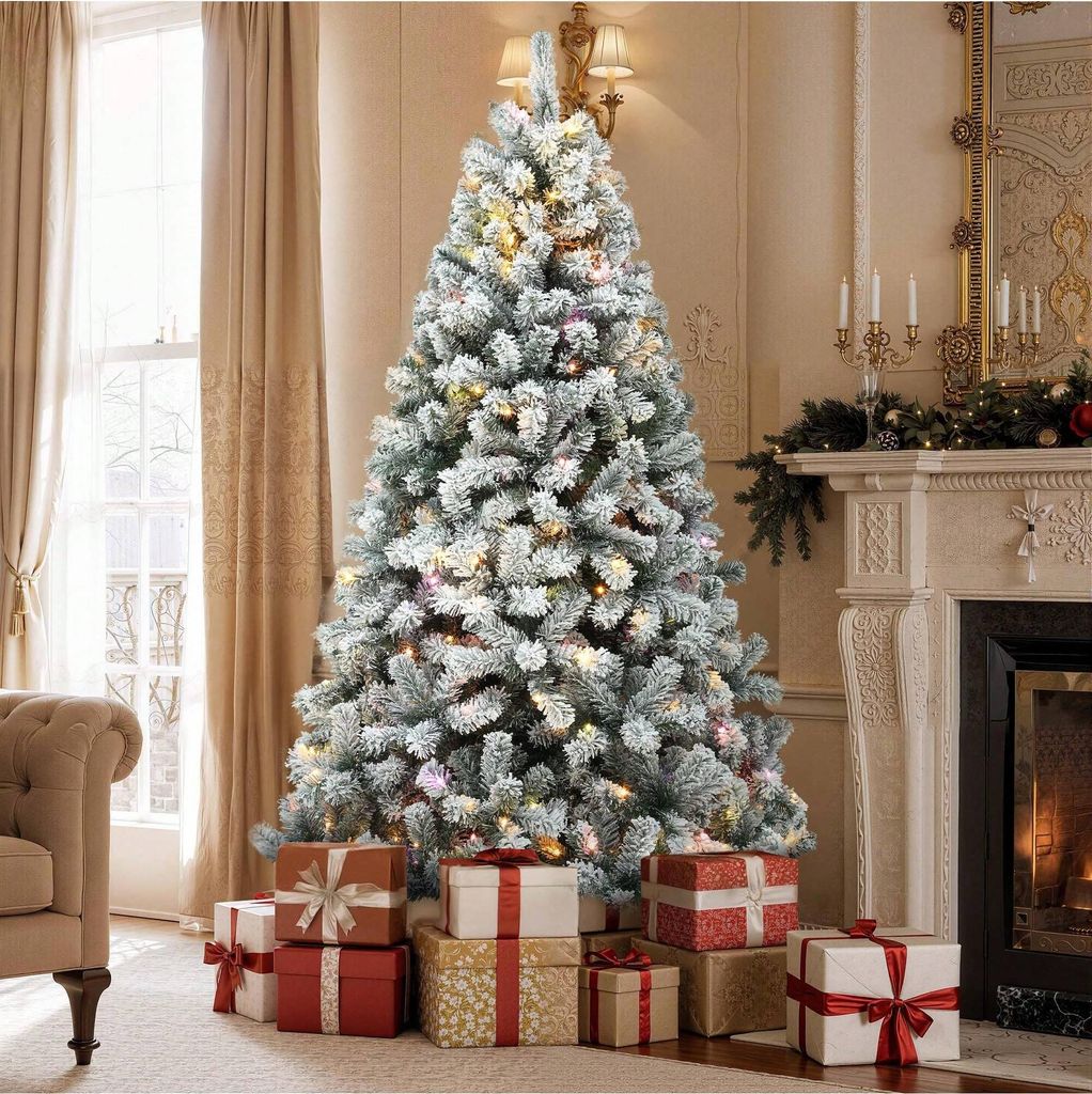 BALCONERA 228cm Künstlicher Weihnachtsbaum mit Schnee & 550 LED Beleuchtung, ca. 1346 Spitzen, Naturgetreu Tannenbaum mit Klappsystem & Metallstä...