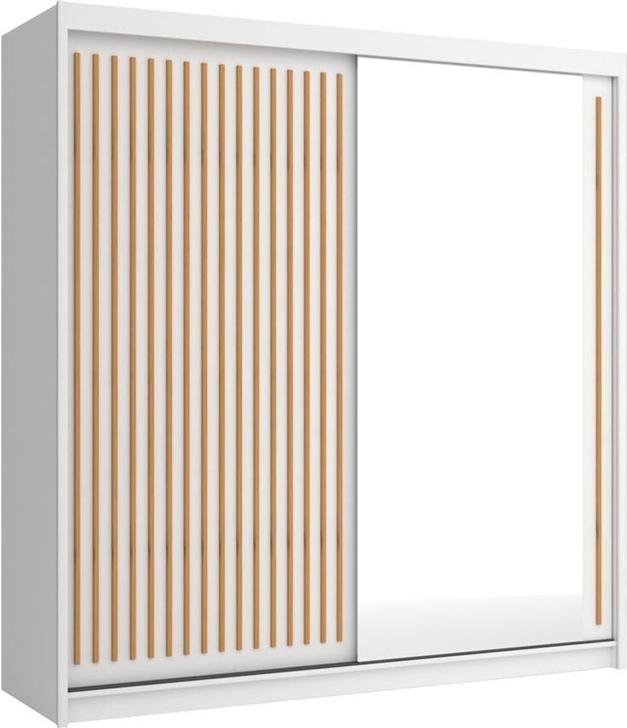 BETTSO Schwebetürenschrank 203 cm mit Spiegel Gerillte Fronten Kleiderschrank mit Kleiderstange Schlafzimmer Schiebetüren LAY 203 Weiß Wotan Lam...