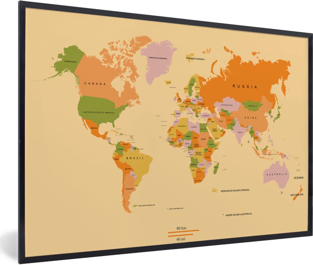MuchoWow Gerahmtes Poster Weltkarte - Farbenfroh - Trendy 30x20 cm - Poster mit Schwarzem Bilderrahmen Wandposter Rahmen Foto Bilder - Kunstdruck...