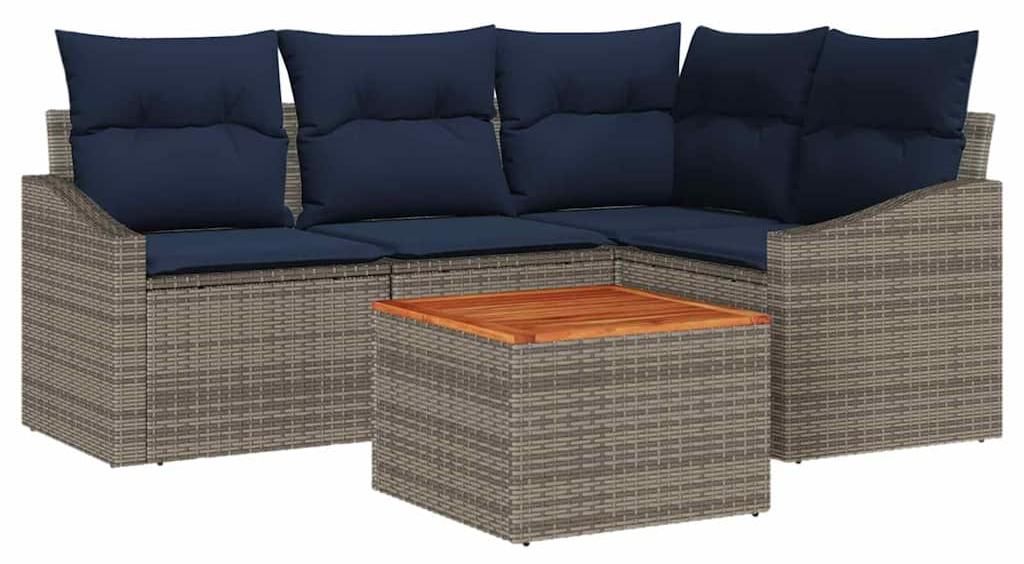 Gartensofa-set 5 pcs Grau und Marineblau Poly-Rattan