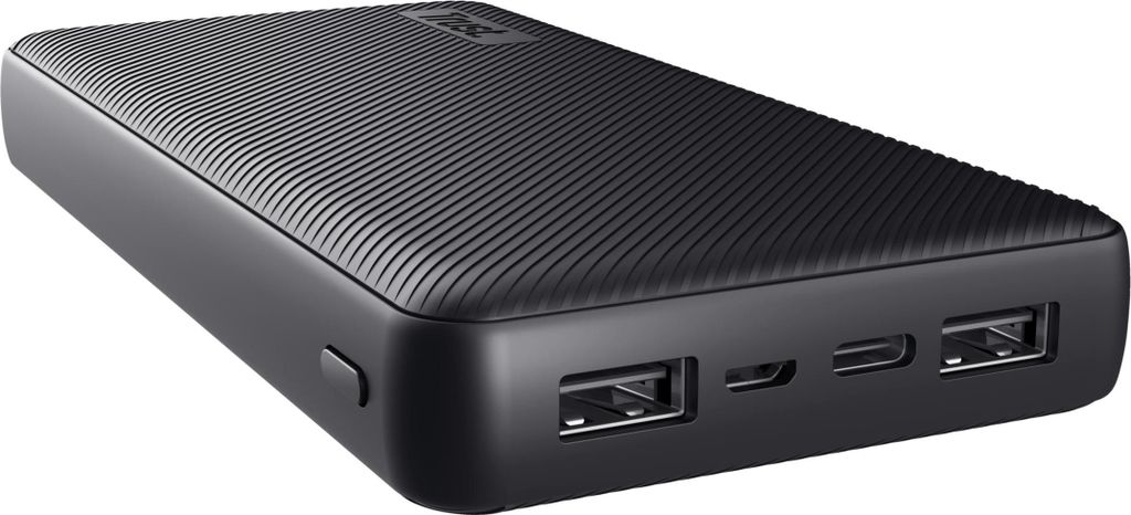 A black power bank with a textured surface is shown from a diagonal angle.