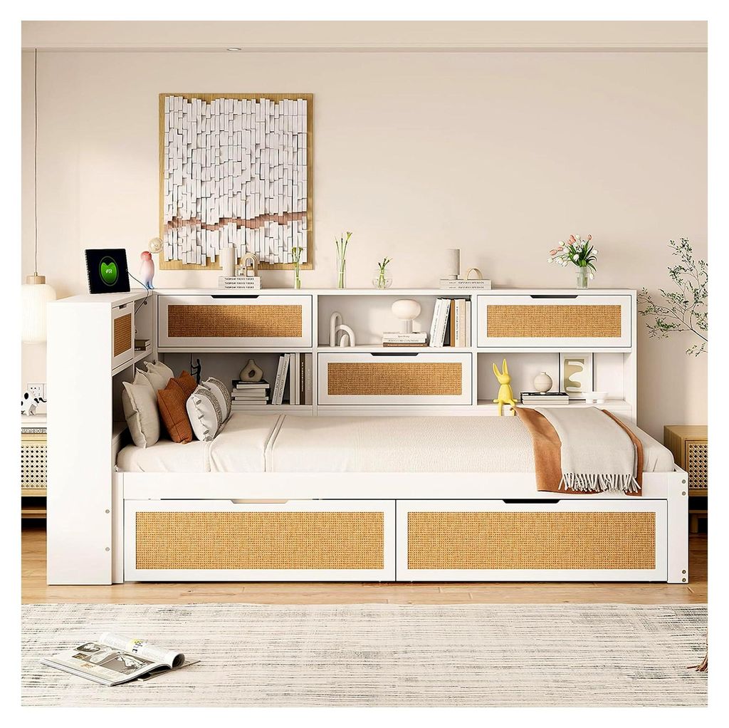 Schlafsofa 90x200 cm, Bettsofa mit Schublade, Einzelbett mit Ladeanschluss, Kinderbett Tagesbett für Gästezimmer Wohnung (ohne Matratze) Weiß