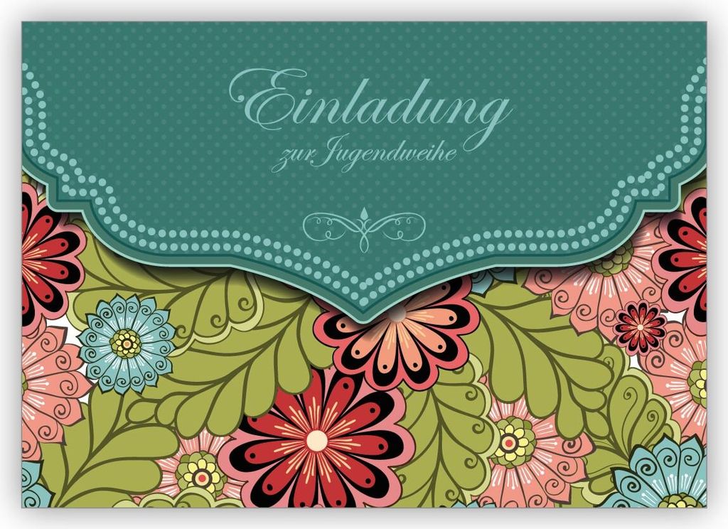 Edle Einladungskarte mit modernem Blumen Muster in grün für Mädchen: Einladung zur Jugendweihe