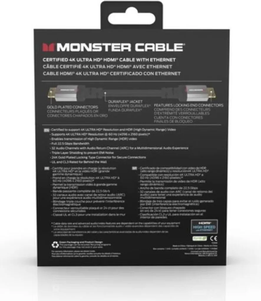 Câble HDMI Monster Essentials 4K HDR 22.5 Gbit/s de 4.6m en gris - 5