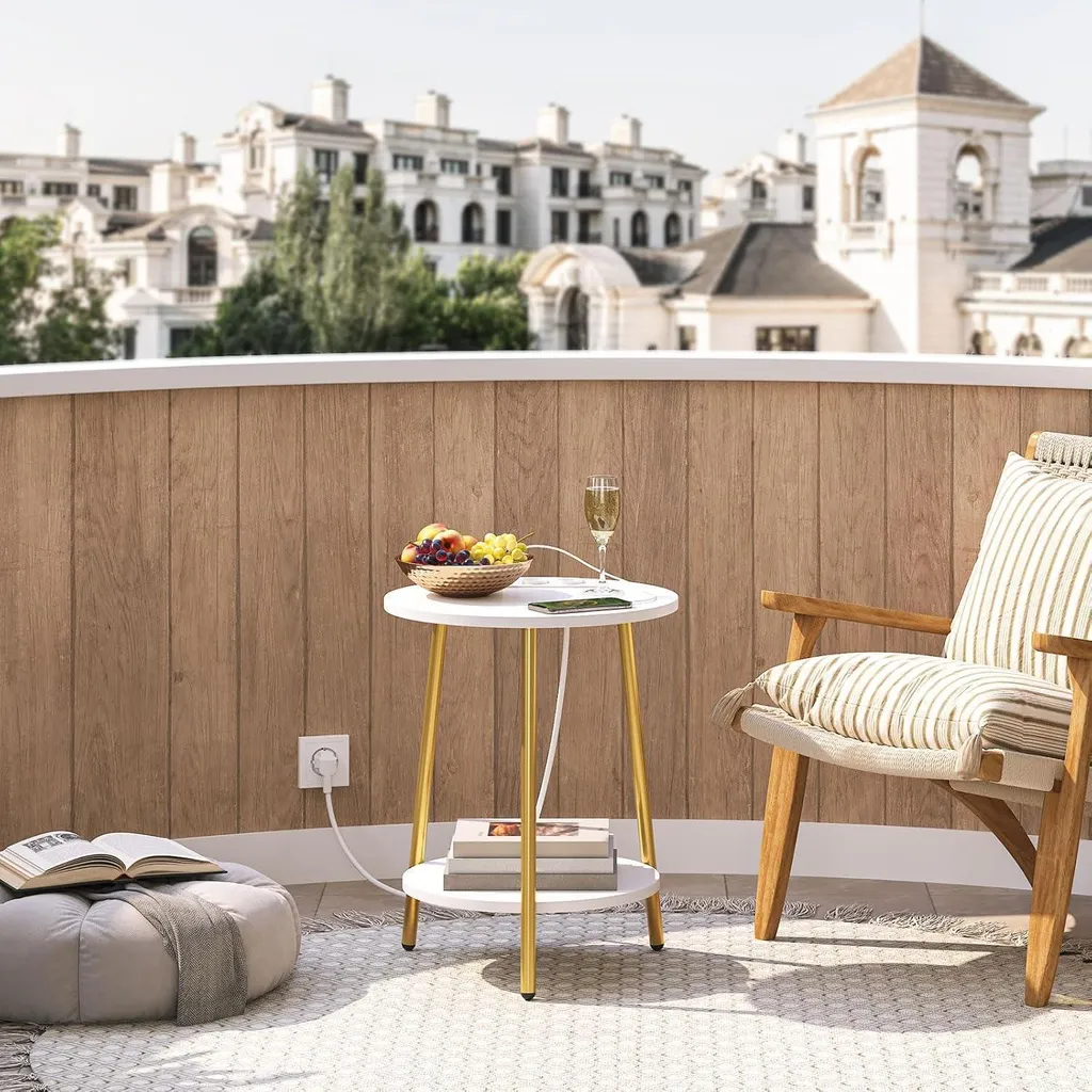 Table d'appoint ronde 2 niveaux avec prises USB intégrées style moderne - 6