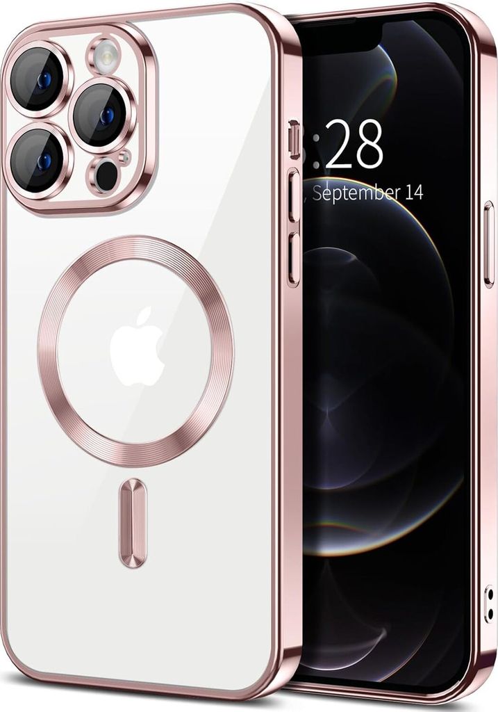 Magnetische Klar Hülle für iPhone 12 Pro, Kompatibel mit MagSafe, Elektroplattiert Handyhülle mit Kameraschutz Pink