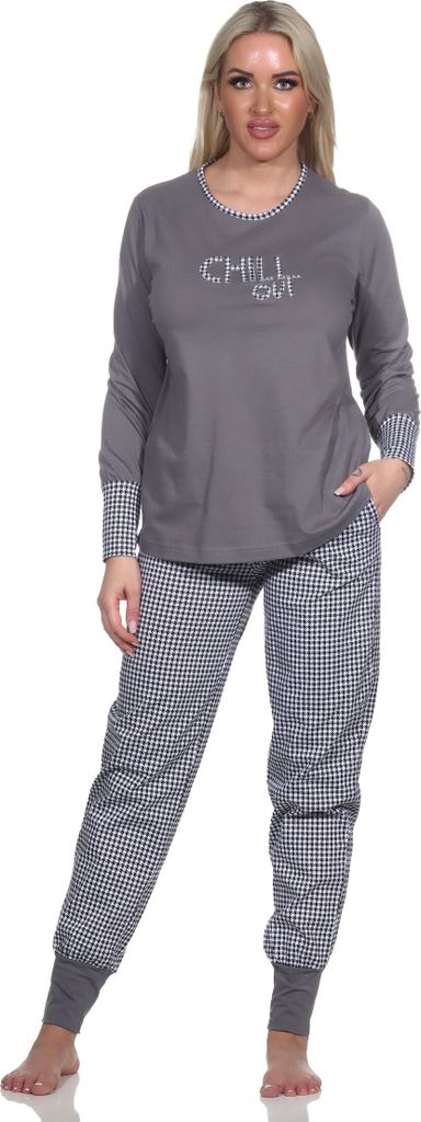 Normann Damen Schlafanzug langarm mit Bündchen, Hose im Pepita-Look, Top mit Frontprint ; grau , 44