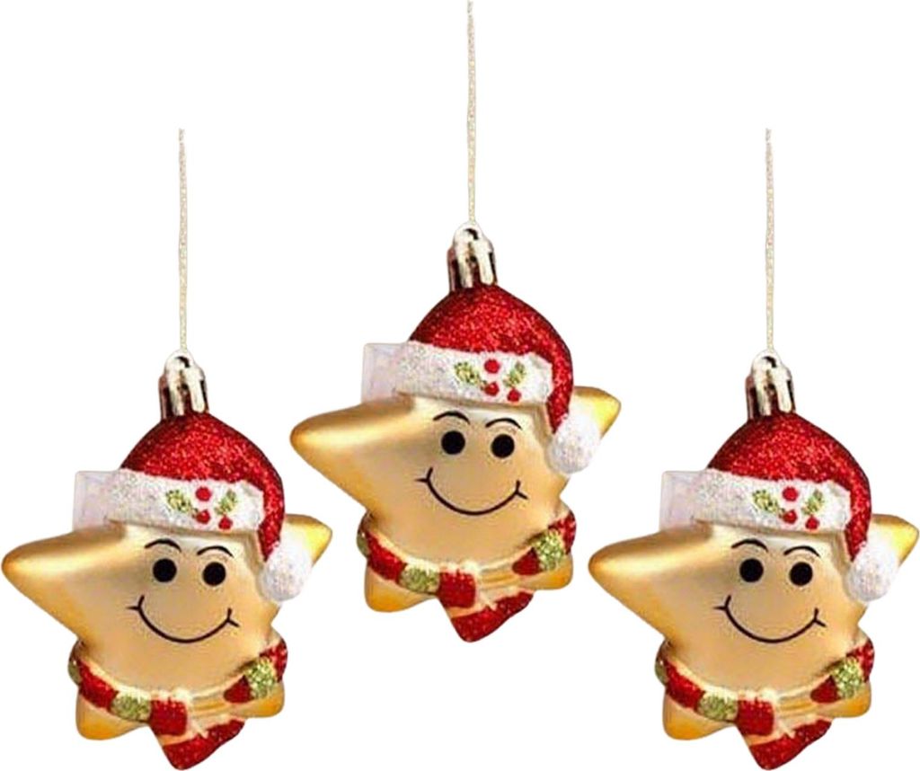 3 Stück Weihnachtsornamente mit rotem Hut und Stern, handbemalt, aus Kunststoff, zum Aufhängen, für den Baum, Zuhause, Büro, festliche Party-De...