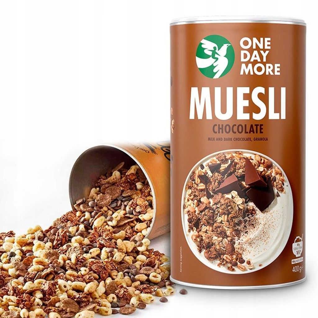 OneDayMore | Schoko Müsli mit Milch und Zartbitterschokolade | ohne Zuckerzusatz, knusprig, 400g 5 Portionen