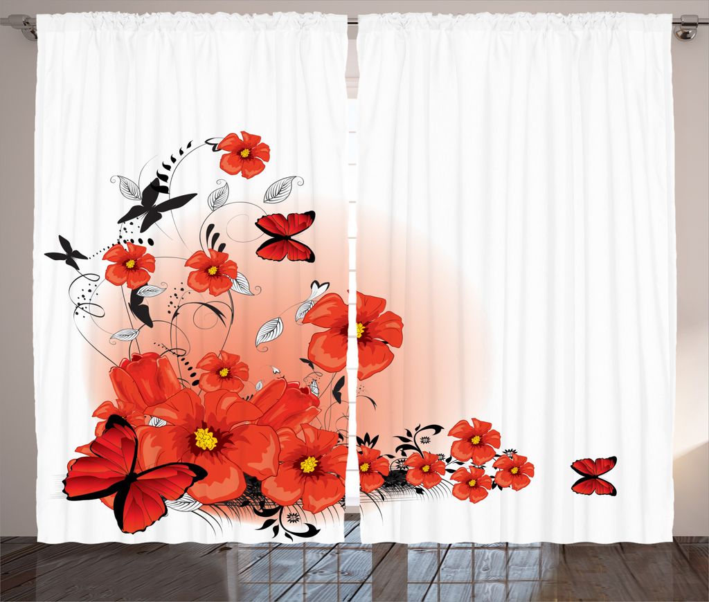 ABAKUHAUS Blume Rustikaler Vorhang, Cartoon Mohn Fresh Art, Wohnzimmer Universalband Gardinen mit Schlaufen und Haken, 280 x 245 cm, Schwarz Weiß Rot